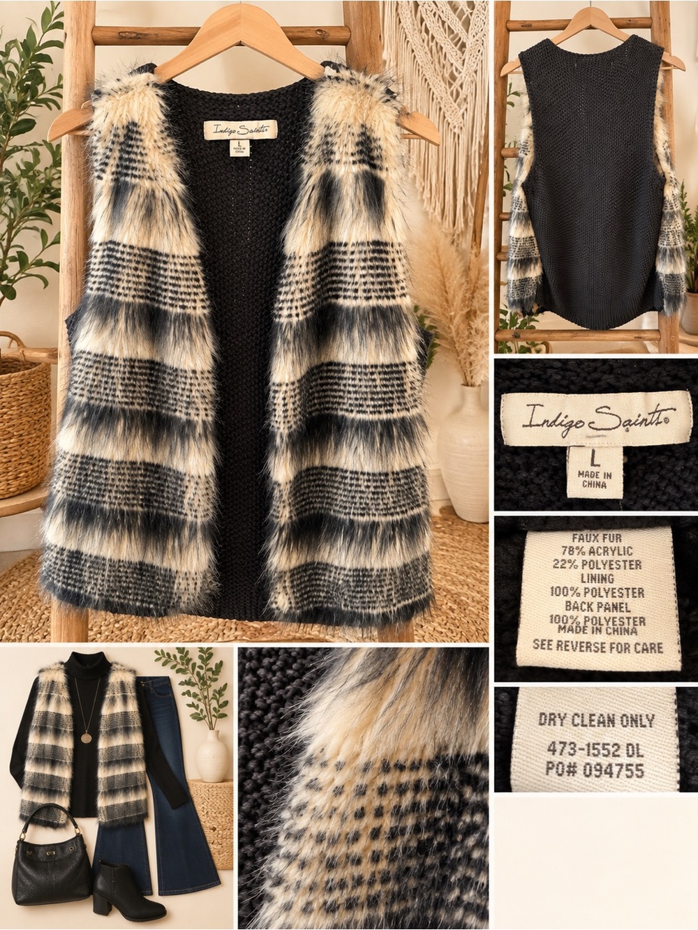 NWT Indigo Saints Faux Fur Knit Statement Vest Black Cream L